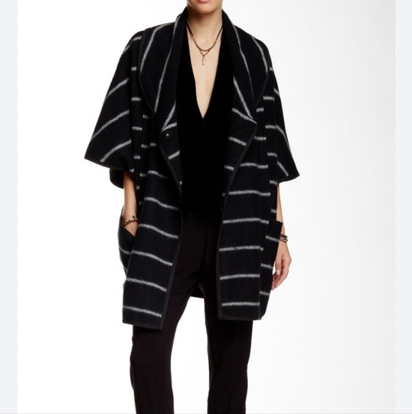 Free People Wool Blend Black and  White Striped Blanket Coat - Picture 1 of 6
